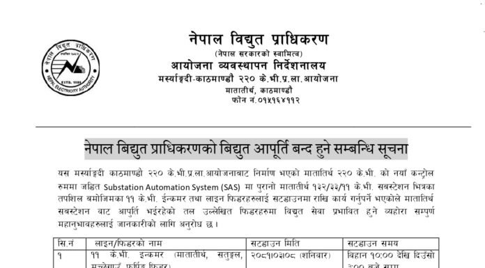 काठमाडौंका यी स्थानमा आज र भोलि विद्युत् अवरुद्ध